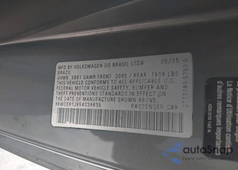 2005 Volkswagen Gti 1.8T z USA, uszkodzony, nr VIN 9BWDE61J854036635